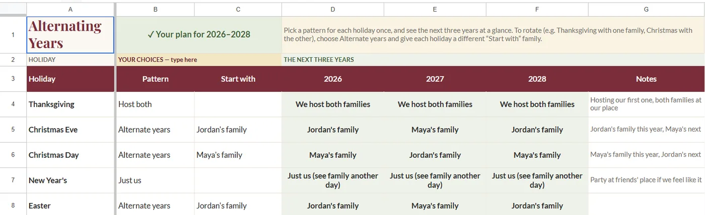 The Alternating Years tab: a pattern per holiday and the next three years side by side