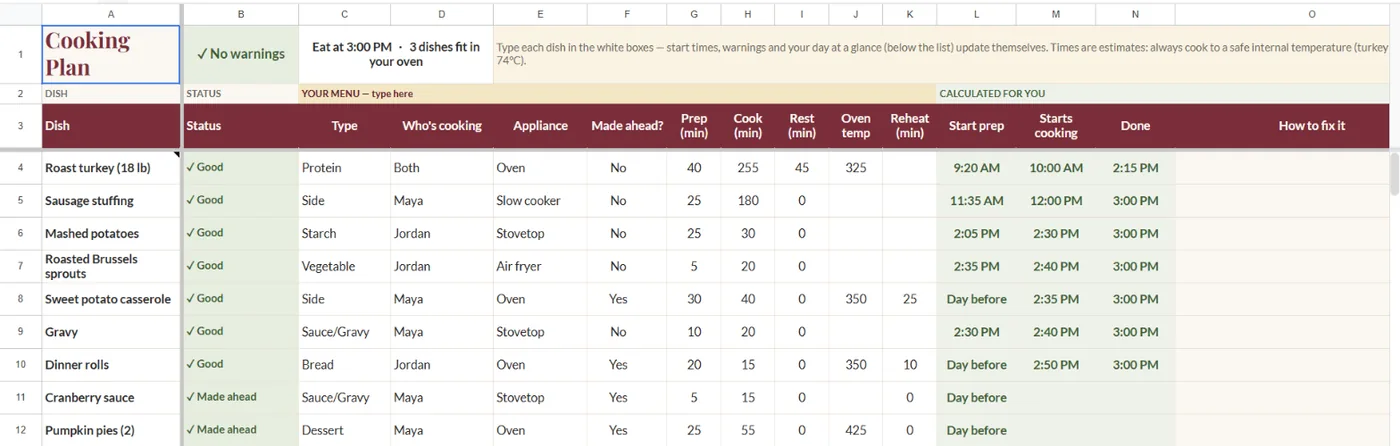 Cooking Plan, an example screen