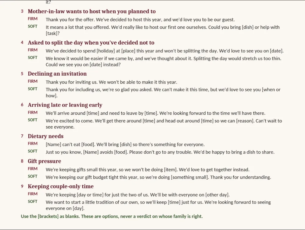 A Decision Workbook page with the firm and soft version of a script side by side