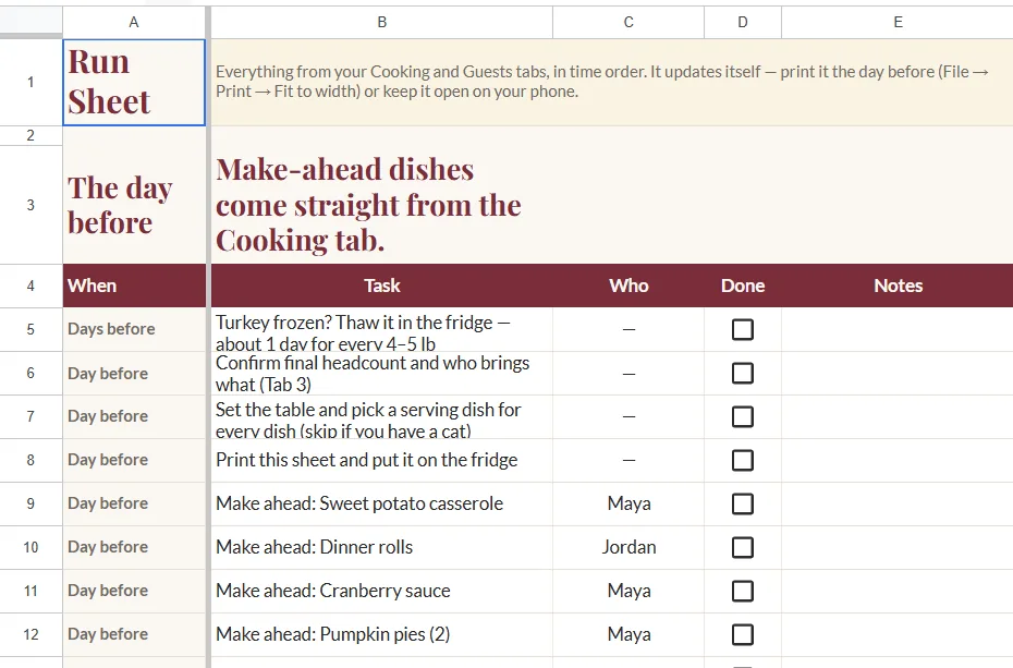 Run Sheet, an example screen