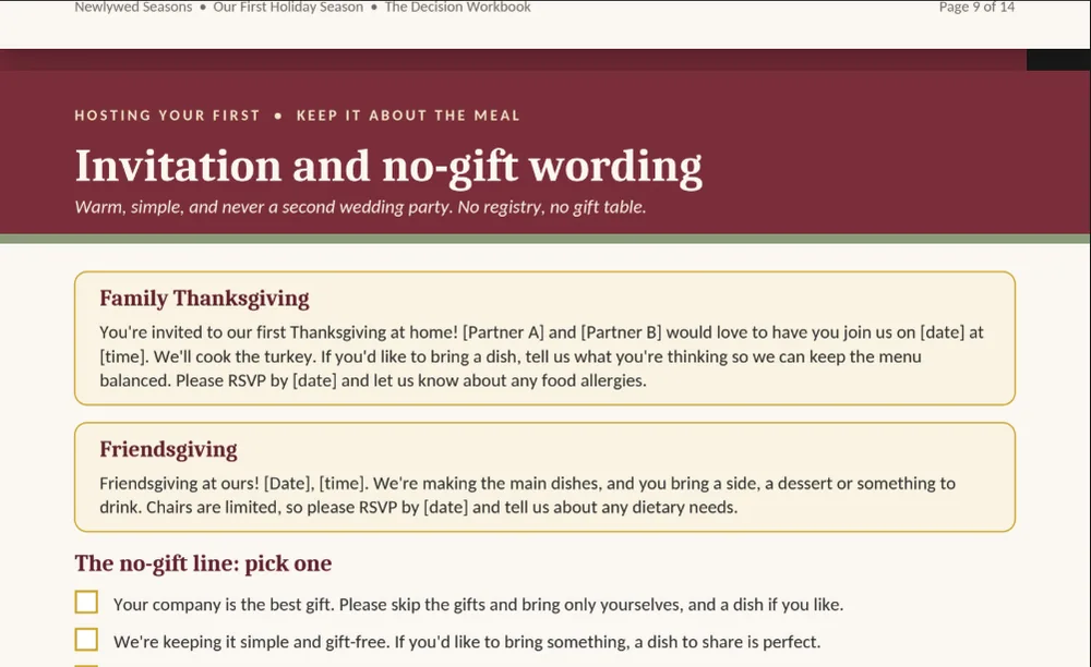 A Decision Workbook page: invitation and no-gift wording, in firm and soft versions